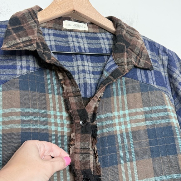 Natural Life Colorblock Plaid Flannel Button Up Fringed Shirt Medium Cozy Boho - Picture 6 of 8